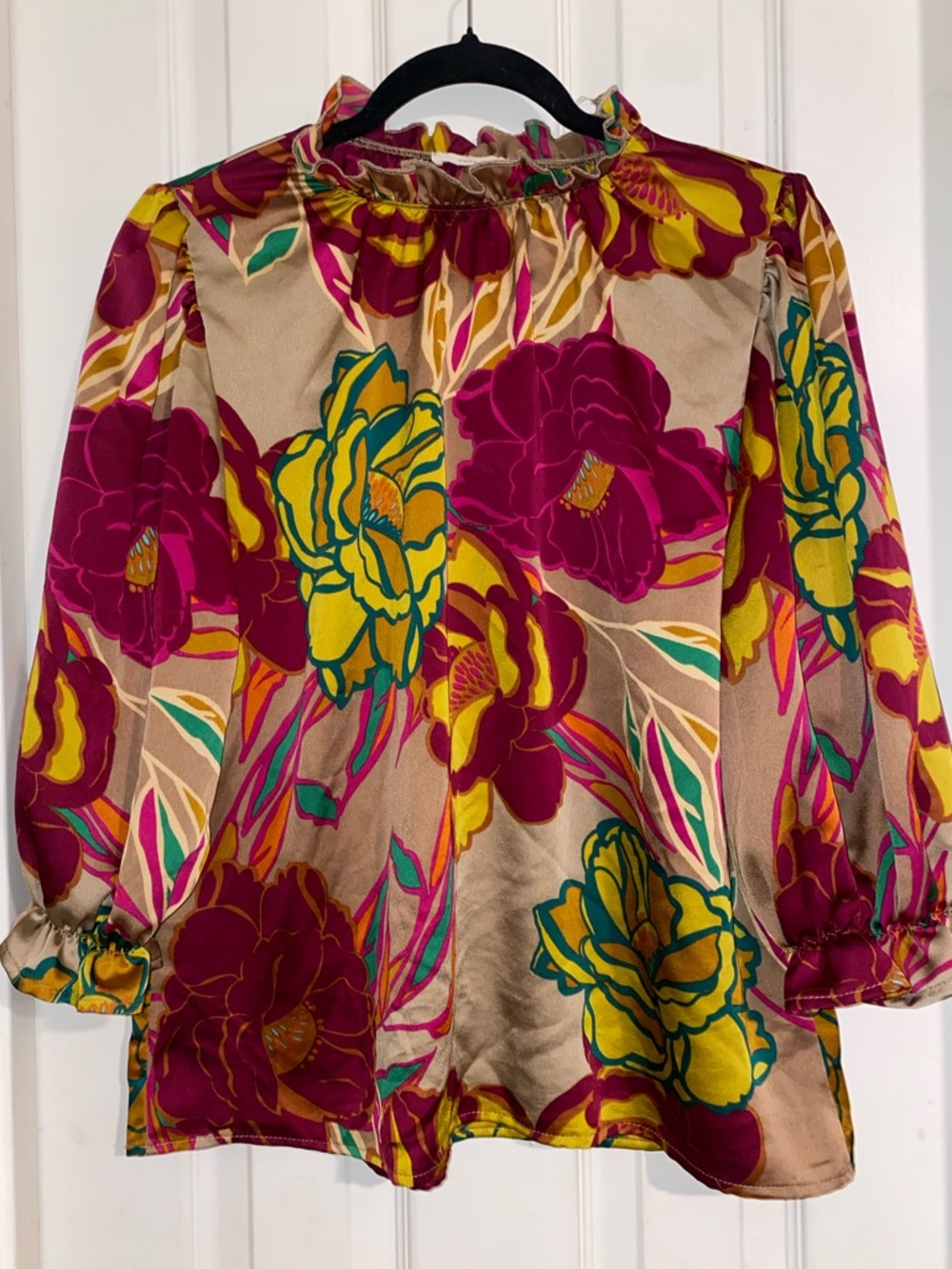entro Floral Satin Blouse - Magenta, Mustard & Tan